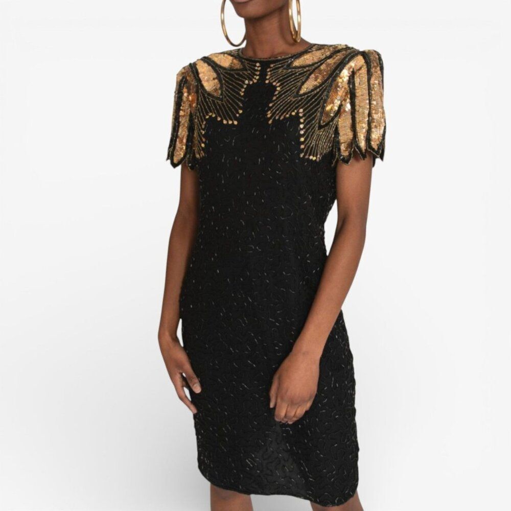 Vintage 90s D'Albert Silk Beaded Sequin Dress 10 M Cocktail Party LBD Mob Wife - Picture 4 of 14